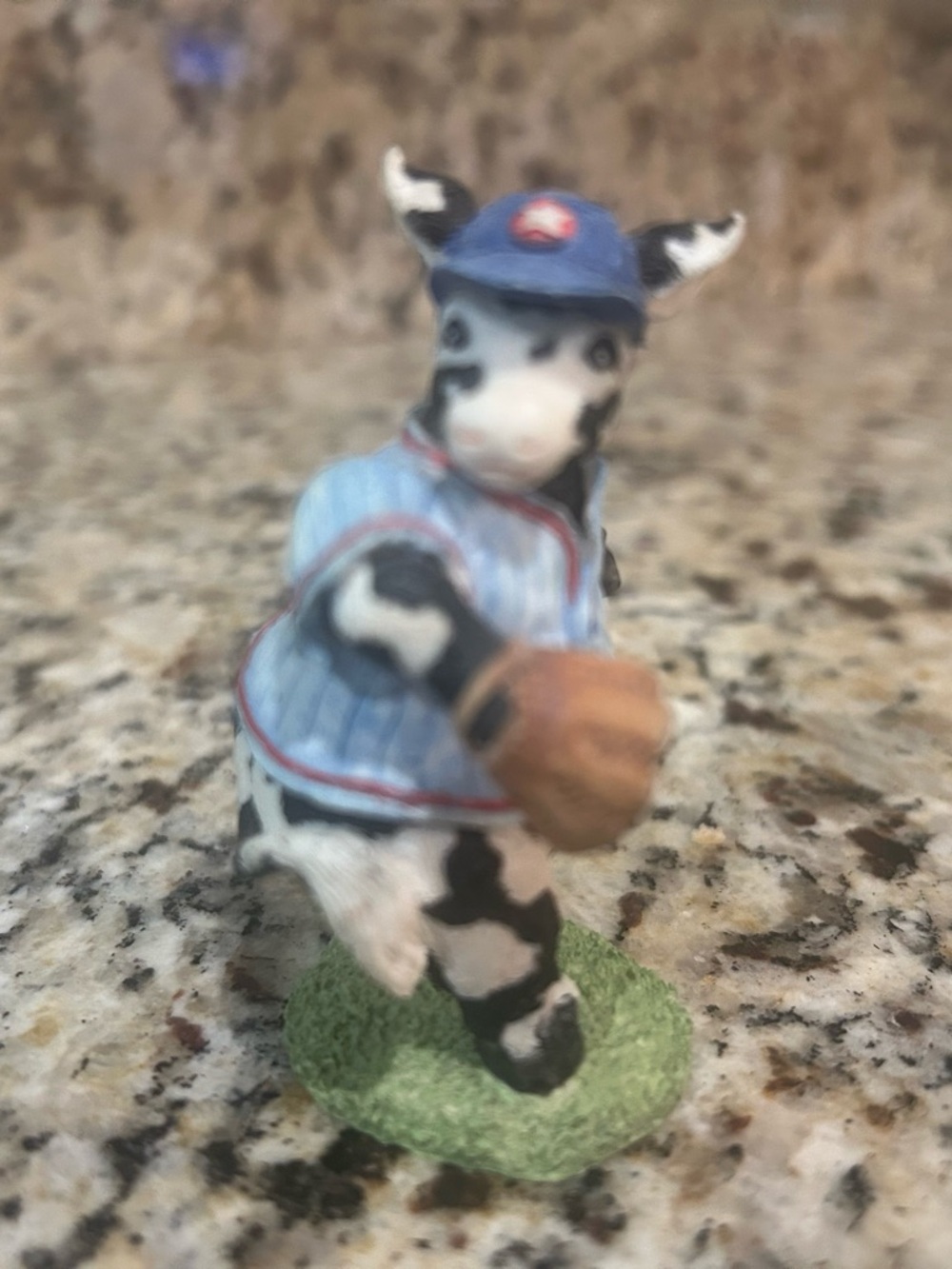 Cow Figurine in Blue Striped Baseball Outfit